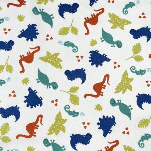 Cotone Certificato GOTS con stampa dinosauri colorati