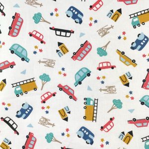Cotone Certificato GOTS con stampa macchinine colorate