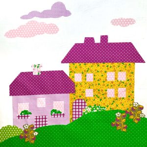 Cotone certificato Oeko-Tex con stampa casette colorate e fiorellini ideale per cuscini e beauty-case