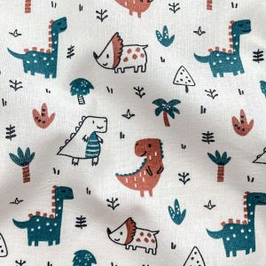 Cotone GOTS con stampa dinosauri ottanio e color mattone