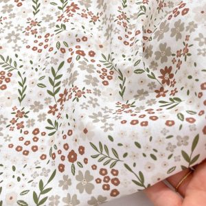 Cotone Certificato GOTS con stampa fiorellni cipria e tortora e verde salvia