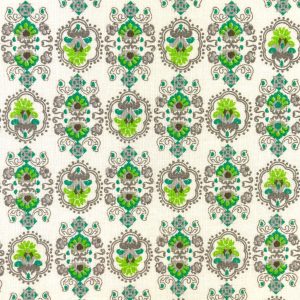 Cotone certificato Oeko-Tex con stampa maiolica nelle tonalità del verde e grigio