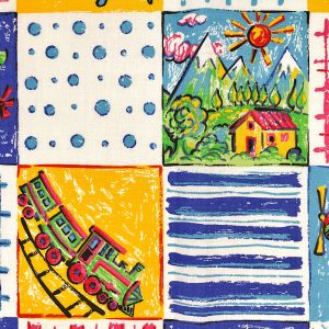 Cotone Certificato GOTS con stampa colorata a righe a pois e a scacchi con montagne casette e trenini